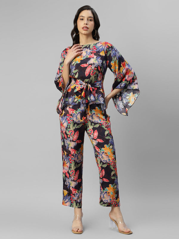 Floral Printed Boat Neck Top With Trousers