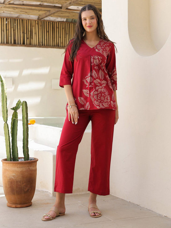 Women's Red Printed Cotton Top With Trousers Co-Ord Set