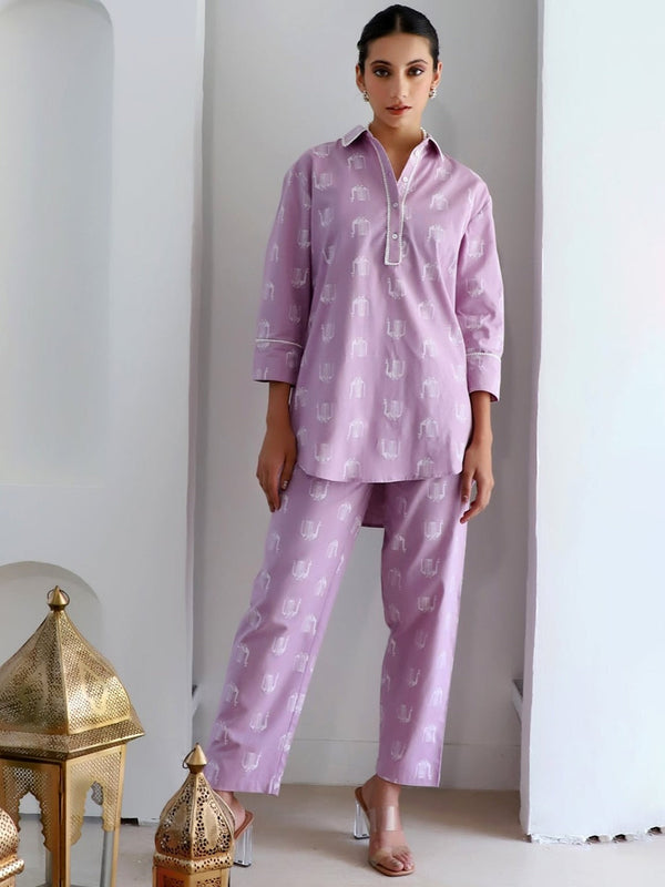 Ethnic Motifs Printed Pure Cotton Shirt Collar Tunic With Trousers