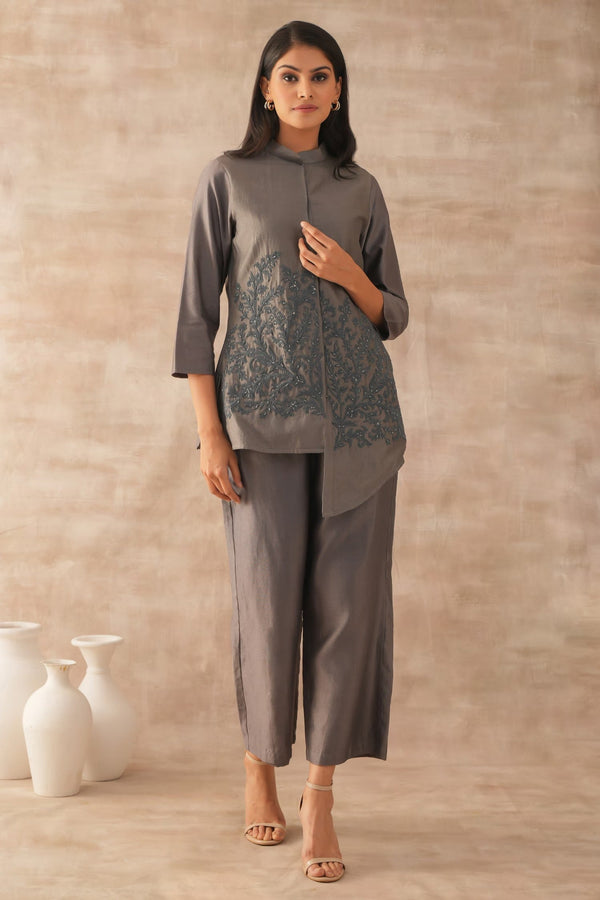 Grey Chanderi Embroidered Dori Band Collar Tunic And Pant Set
