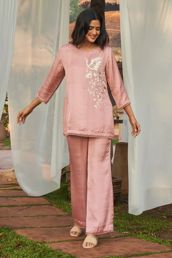 Pink Satin Dupion Embroidery Sequin Boat Neck Bird Top And Pant Set