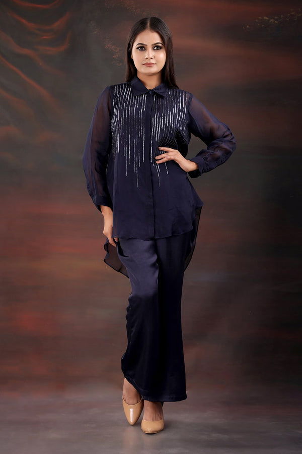 Blue Crepe Embellished Bead Shirt Collar High-low With Pant