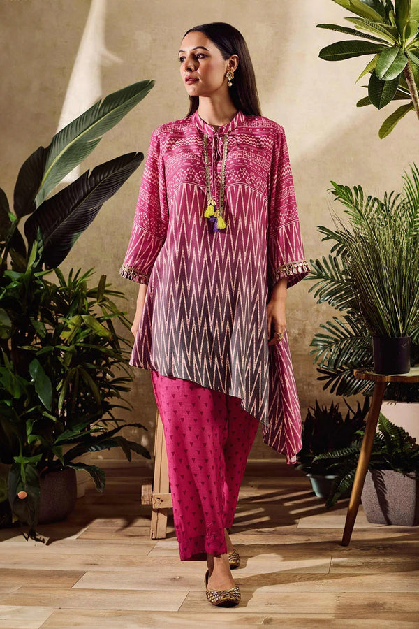 Pink Cotton, Silk Round Neck Geometric Print Tunic With Pant