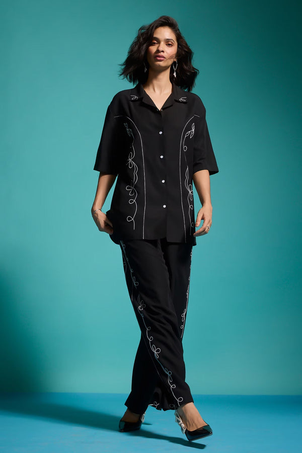 Black 100% Tencel Embroidery Floral Collar Saloon Shirt With Pant