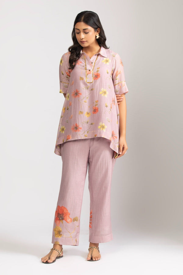 Purple Silk, Chanderi Embroidery, Sequins Botanical Print Top And Pant Set