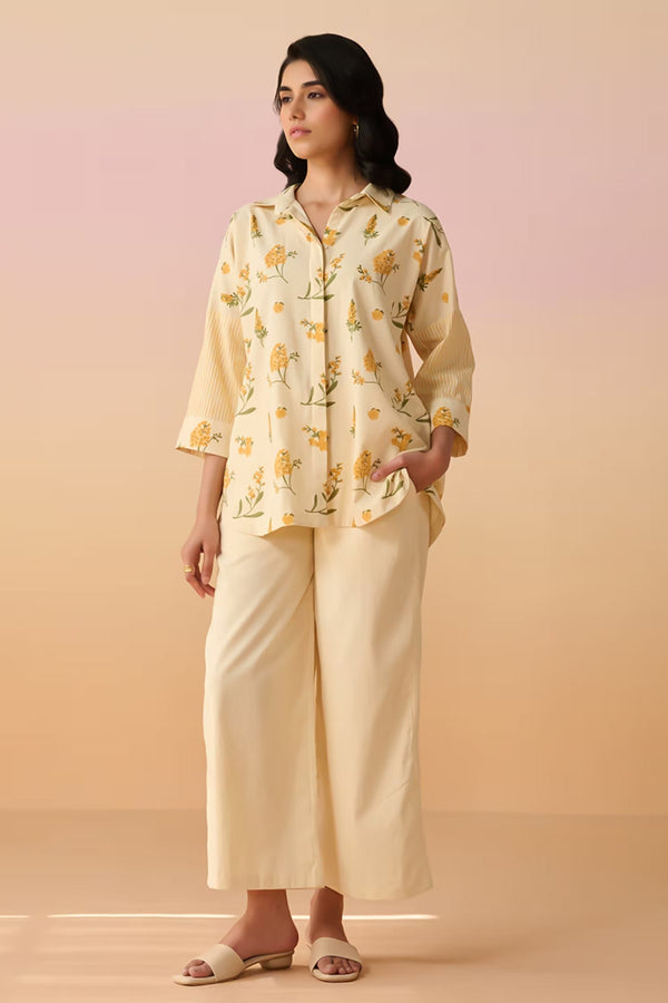 Yellow Cotton Collared Floral Print Tunic And Pant Set