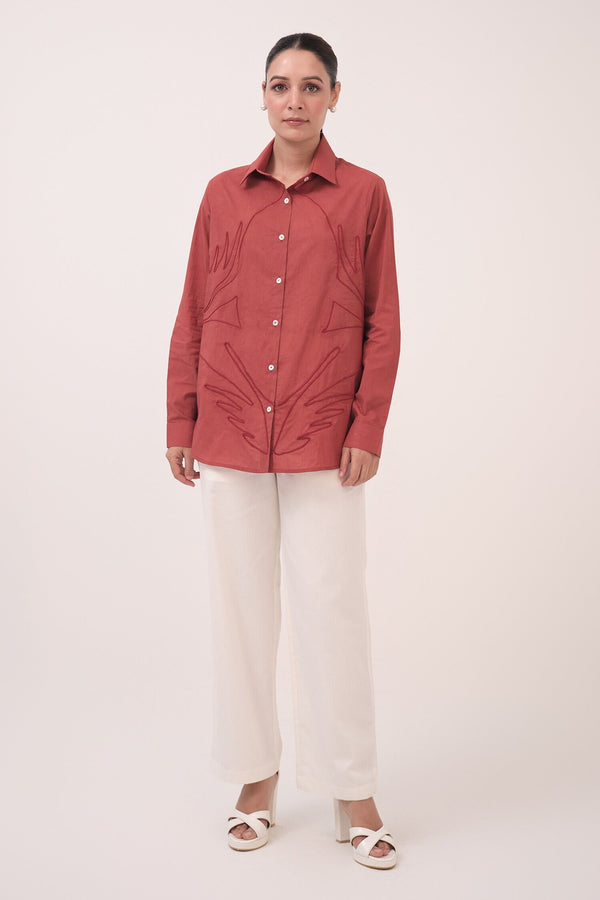 Red Cotton Embroidery Collared Berry And White Pant Set