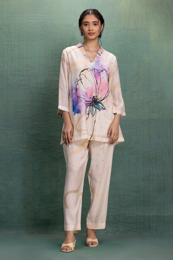 Beige Cotton, Silk V-neck Digital Print Pant Set