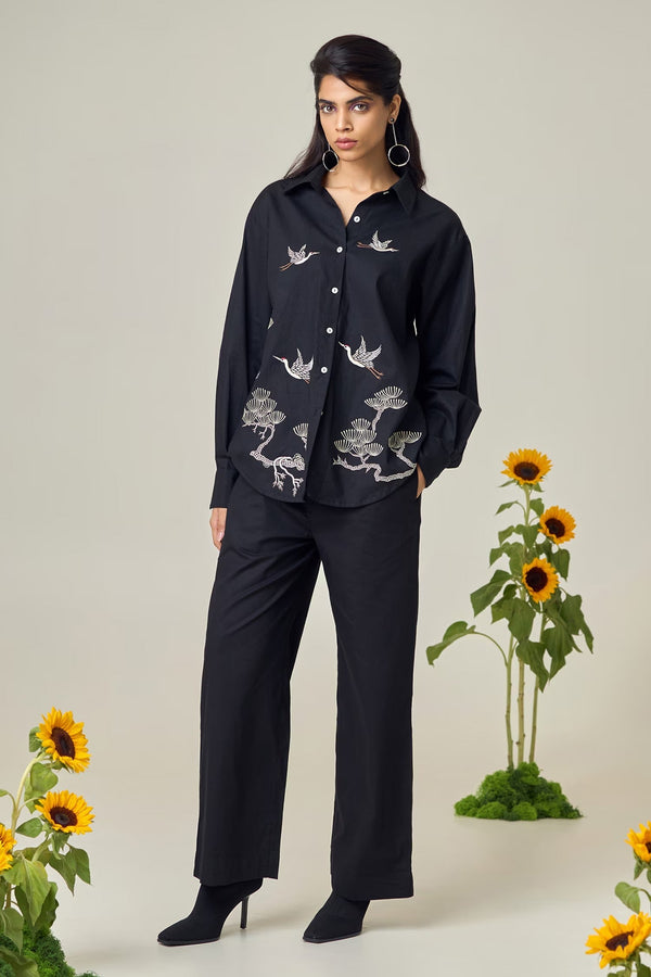 Black Poplin Embroidery Collared Designer Shirt And Pant Set