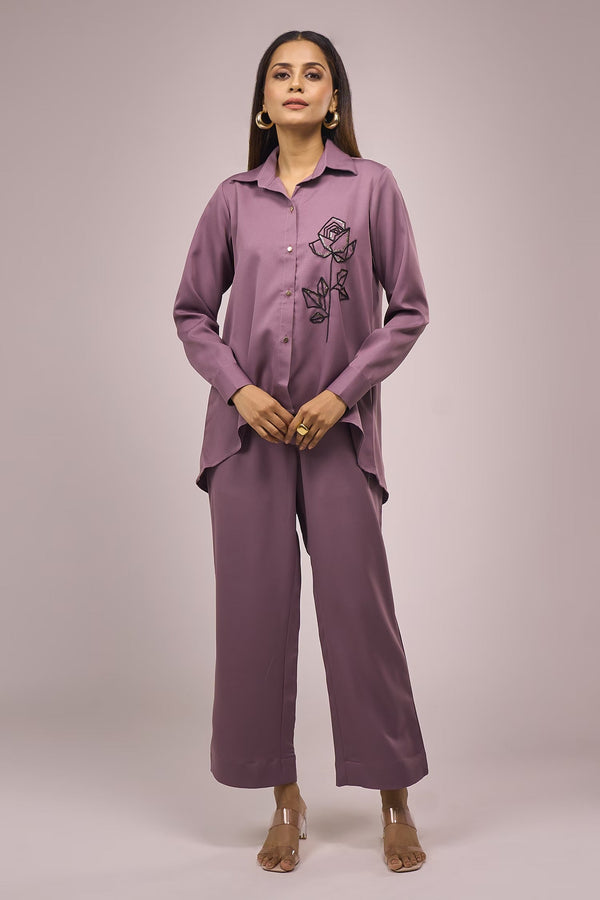 Purple Crepe Embroidery Collared Shirt And Pant Set