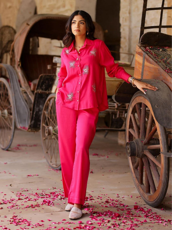 Hot Pink Evil Eye Embroidered Co-Ord (Set of 2)