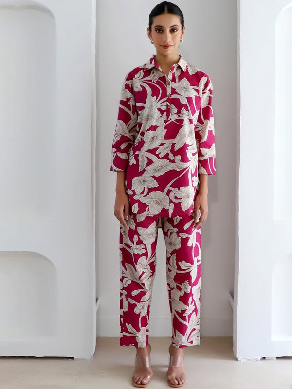 Printed Pure Cotton Shirt Collar Tunic With Trousers