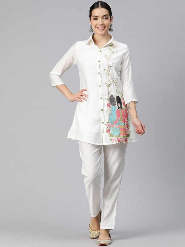 Women Embroidered Pure Silk Tunic with Trousers