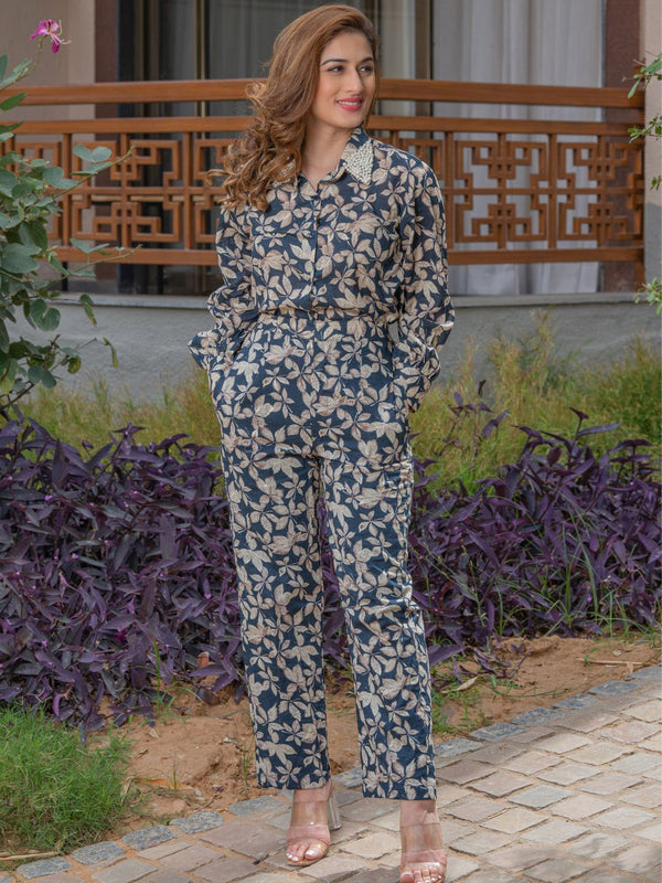 Floral Printed Pure Cotton Collar Neck Shirt With Flared Trouser Co-Ords