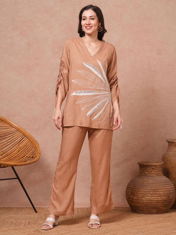 Brown Floral Abstract Embroidered Straight Fit Co-Ord (Set of 2)