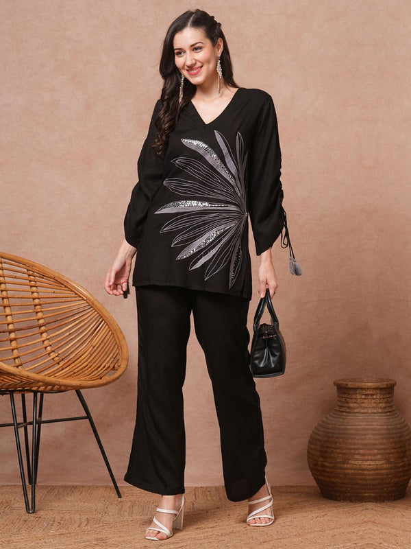 Black Floral Abstract Embroidered Straight Fit Co-Ord (Set of 2)