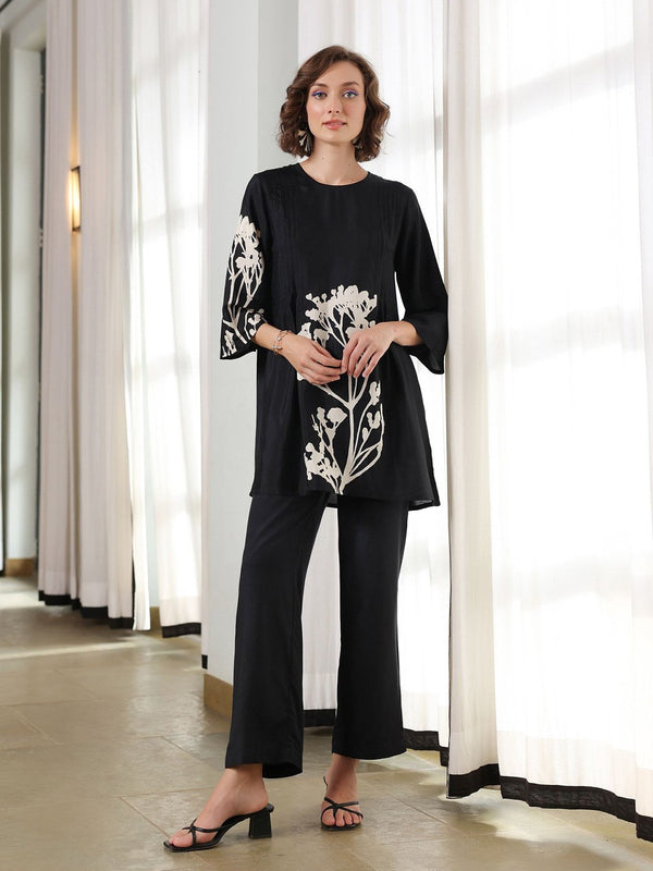 Floral Printed Pure Silk Tunic With Trousers