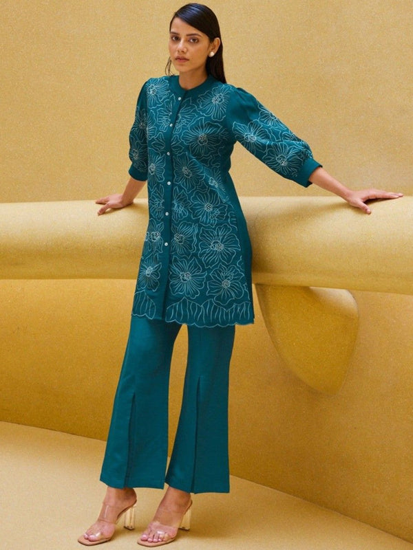 Floral Printed Sequinned Detail Regular Tunic with Trousers