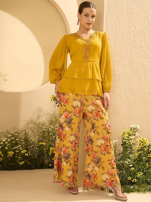 Embellished V-Neck Top With Palazzo