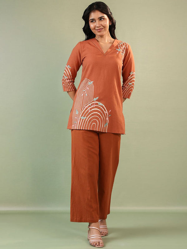 Embroidered Pure Cotton V Neck Top & Trouser Co-Ords