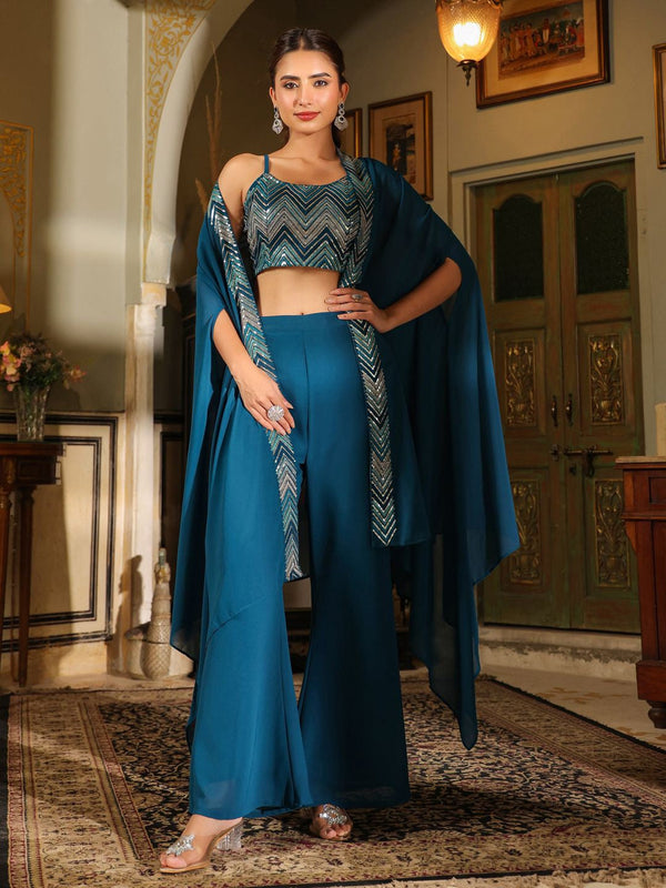 Women Georgette Sequined Crop Top With Pant & Cape Set
