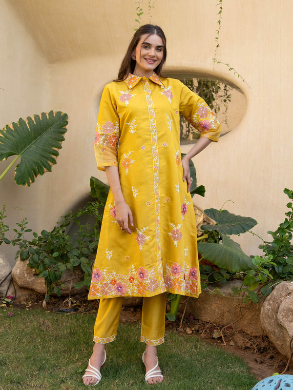 Women's Yellow Embroidered Co-Ord (Set of 2)