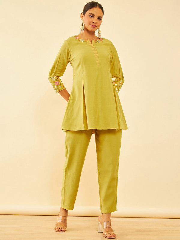 Mustard Yellow Embroidered Ethnic Tunic with Trousers
