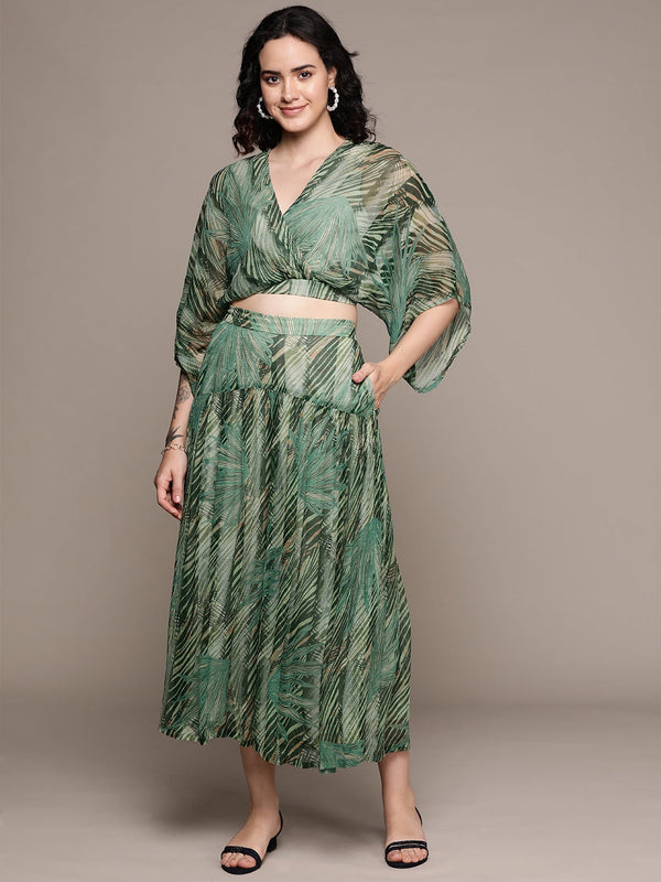 Green Tropical Print Top With Palazzo Co-ords