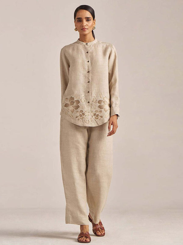 Beige Floral Shirt with Pant (Set of 2)