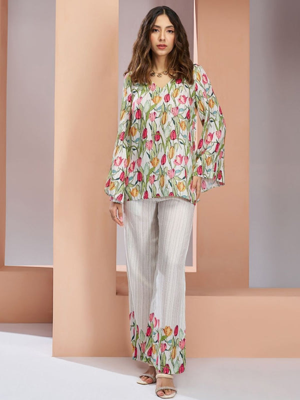 Printed V Neck Top With Trousers Co-Ords