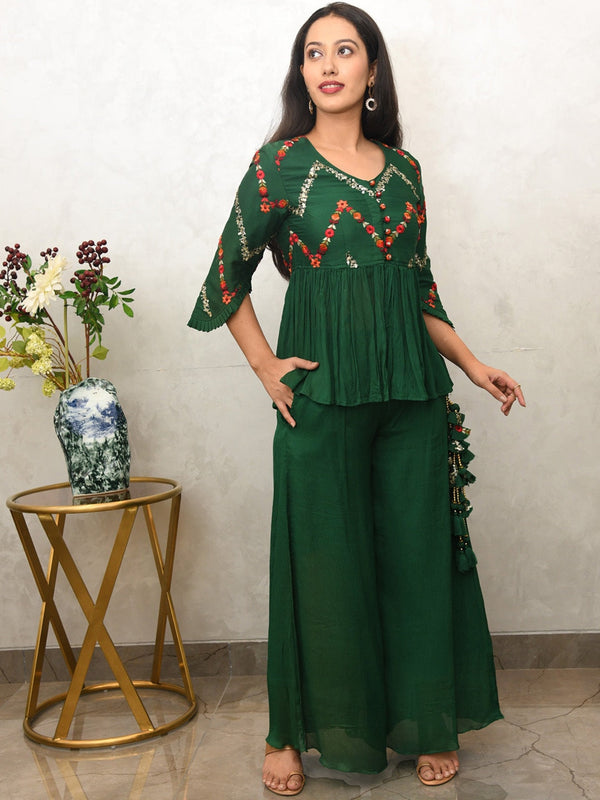 Women Green Floral Embroidered Sequinned Co-Ords