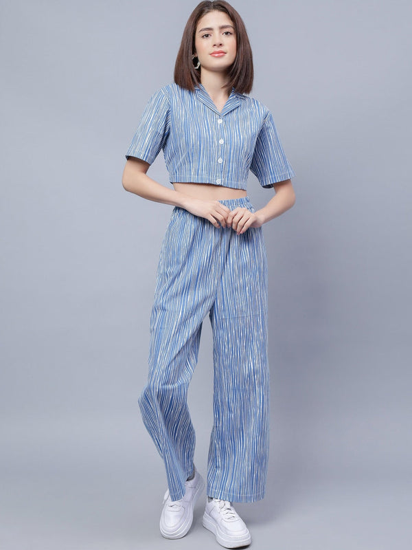 Printed Lapel Collar Pure Cotton Crop Top With Trouser
