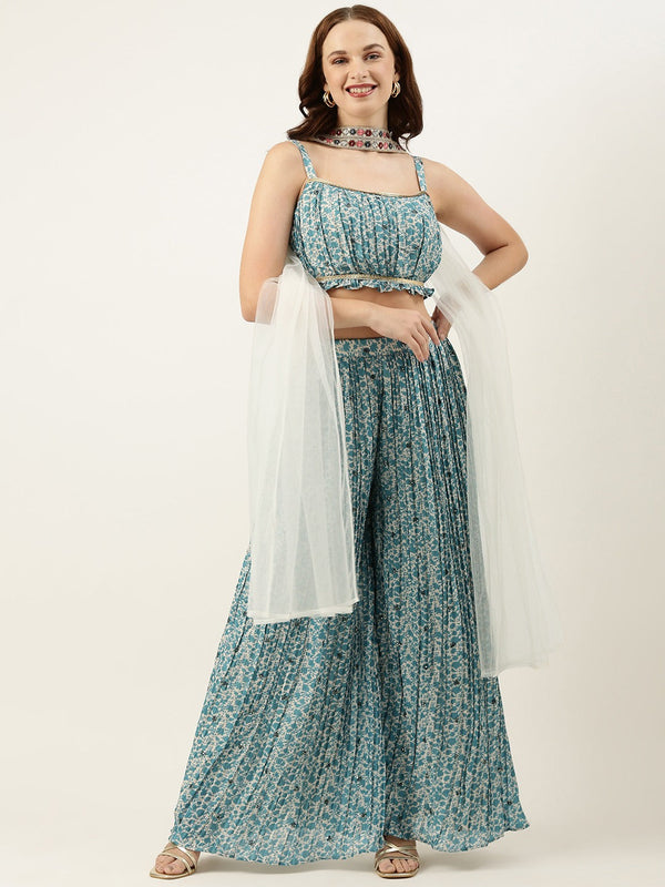Printed Embroidered Top & Palazzos With Dupatta